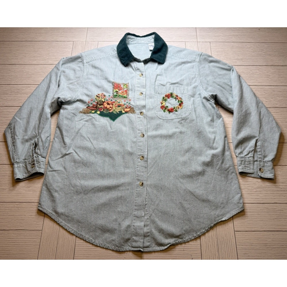 Vintage Green Striped Button Up Cottage Grannycore Floral Embroidered Shirt 18W